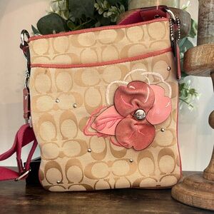 Coach Beige Signature Crossbody with Pink Floral Accent